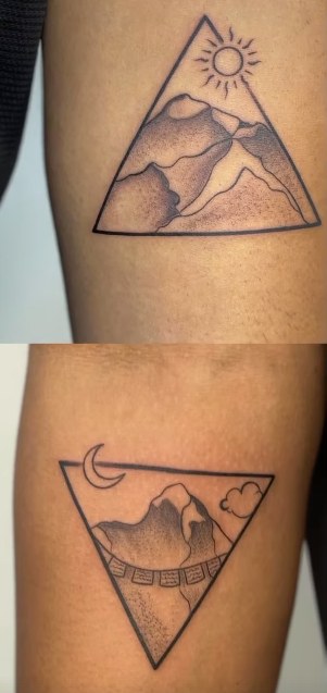 Two minimal triangle tattoos with mountains, sun and moon